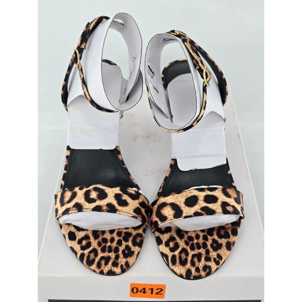 Nine West Anny2 Sandals Womens Size 5M Dark Natural Leopard Print Gold Heel -New